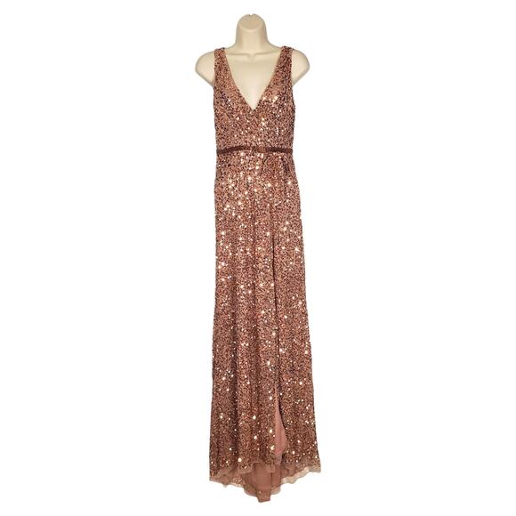 Mac Duggal 5539 High Slit Skirt V-Neck Dress Sequined Wrap Gown Copper Size 4 - Picture 4 of 16